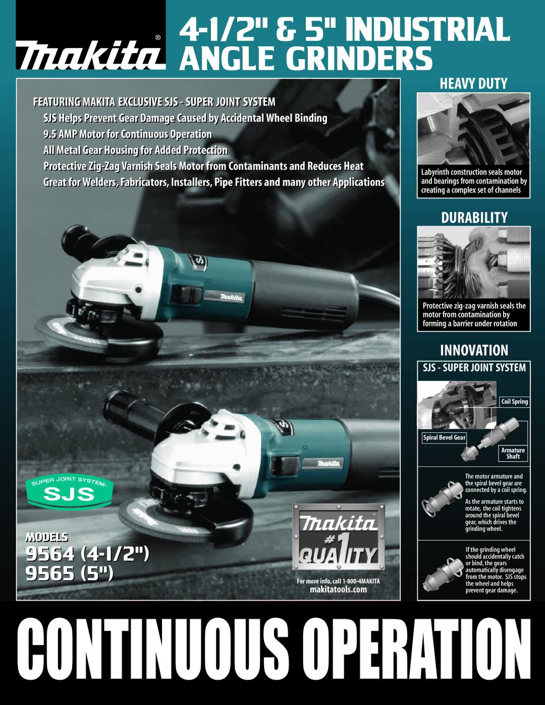 Makita 9565 (5''), 9564 (4-1/2'') manual Continuous Operation 