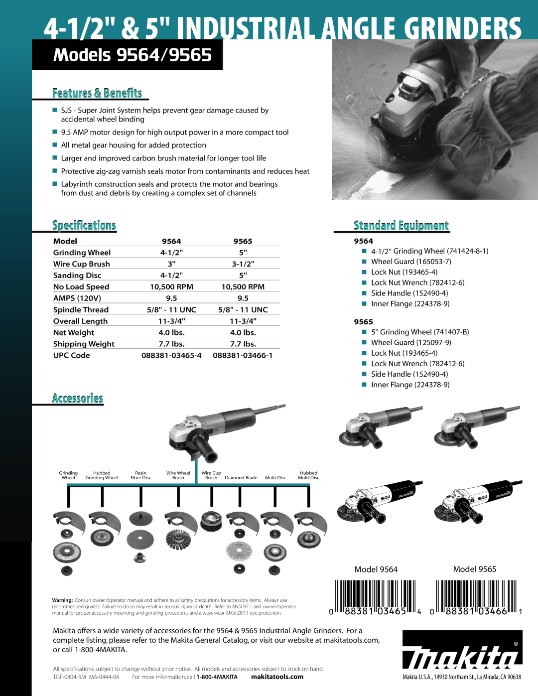 Makita 9564 (4-1/2''), 9565 (5'') manual Features & Benefits, Specifications, Standard Equipment, Accessories 