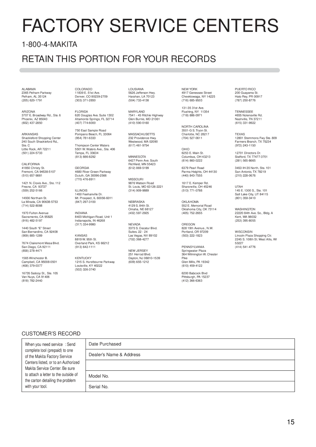 Makita 9566CV instruction manual Factory Service Centers 