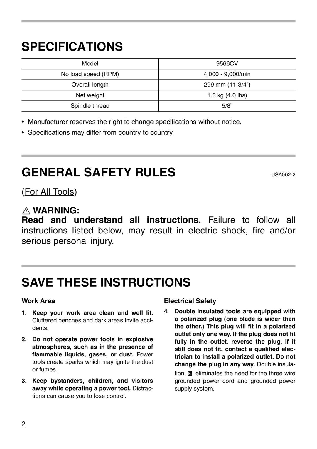 Makita 9566CV instruction manual Specifications 