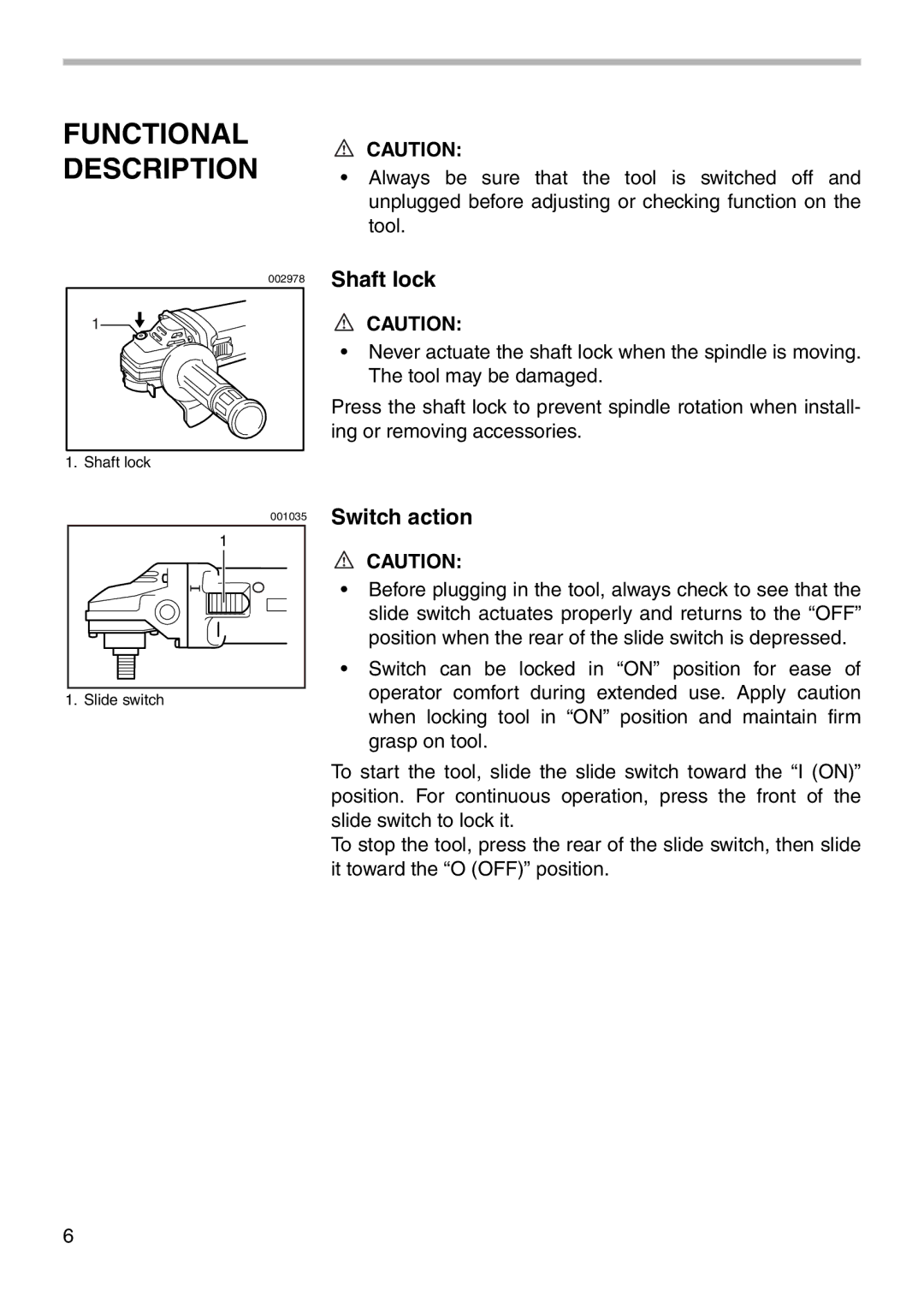 Makita 9566CV instruction manual Functional Description, Shaft lock, Switch action 