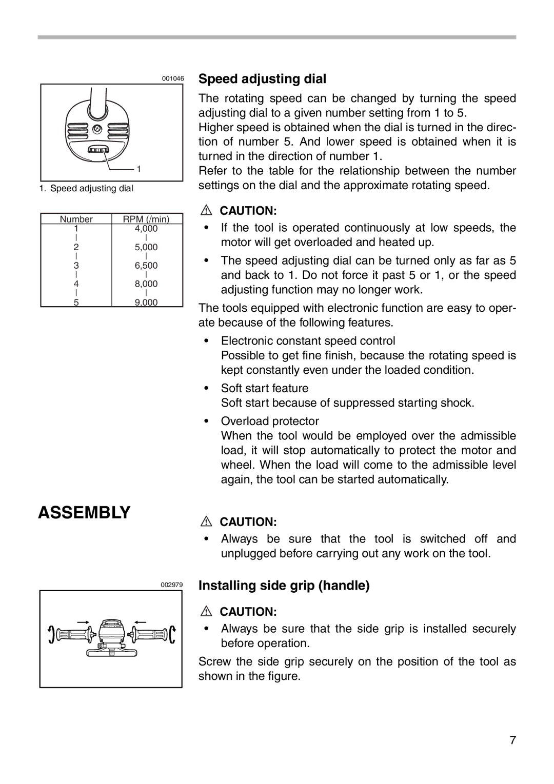 Makita 9566CV instruction manual Assembly, Speed adjusting dial, Installing side grip handle 