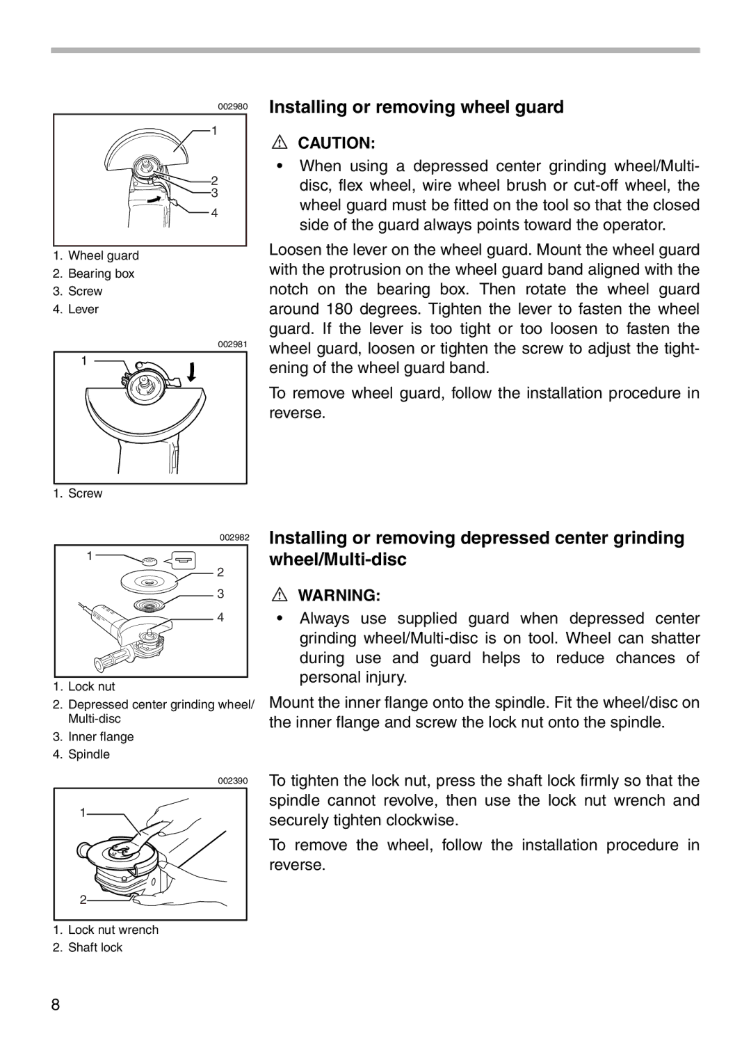 Makita 9566CV Installing or removing wheel guard, Installing or removing depressed center grinding, Wheel/Multi-disc 