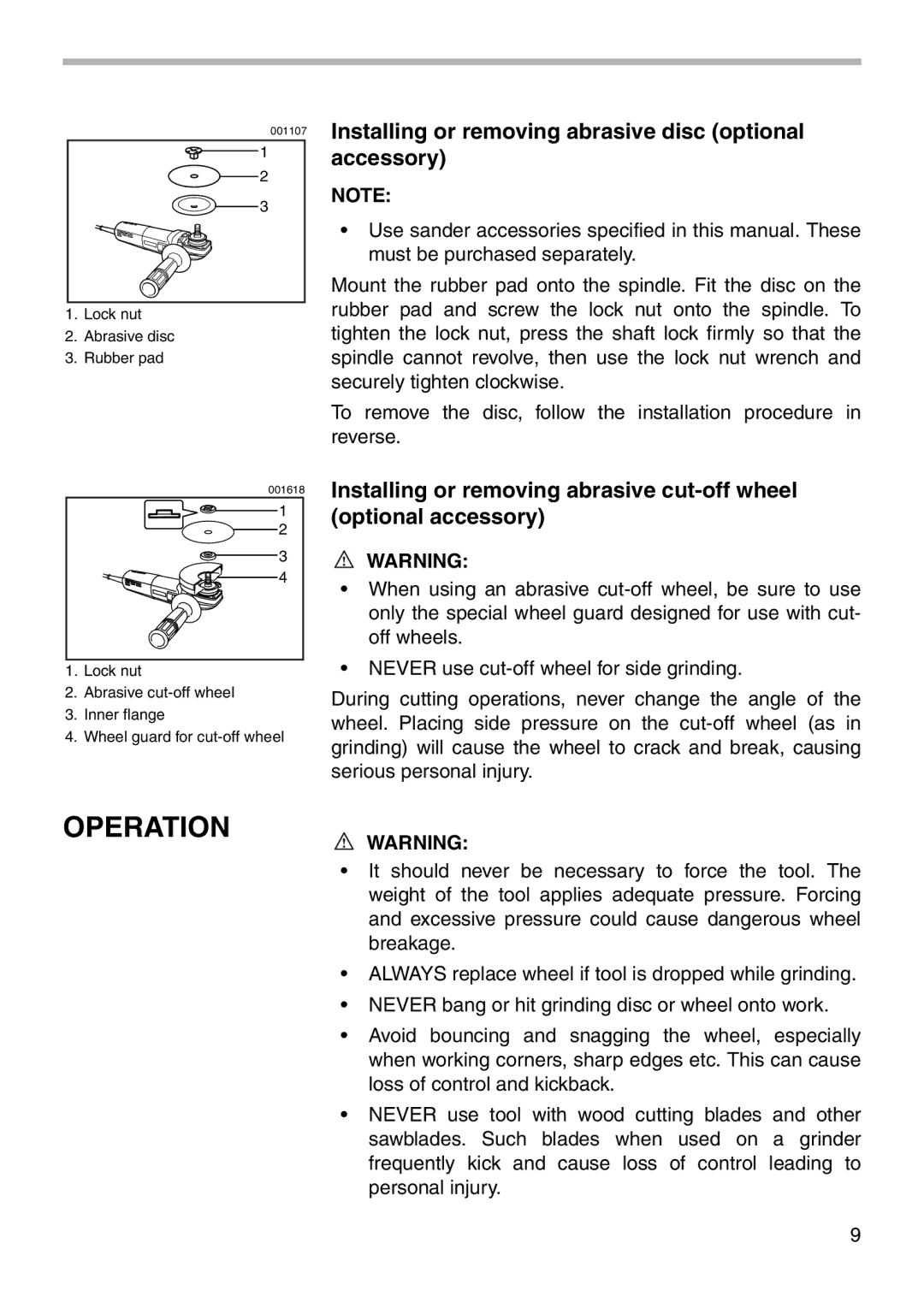 Makita 9566CV instruction manual Operation, Installing or removing abrasive disc optional accessory 