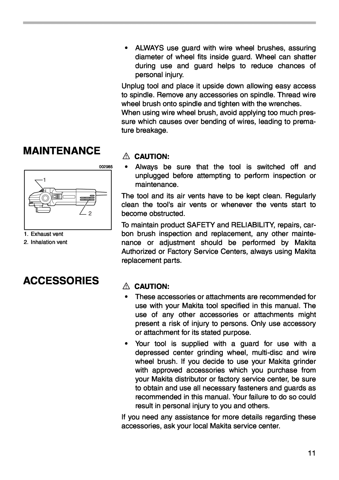 Makita 9566CV instruction manual Maintenance, Accessories, Exhaust vent 2. Inhalation vent 