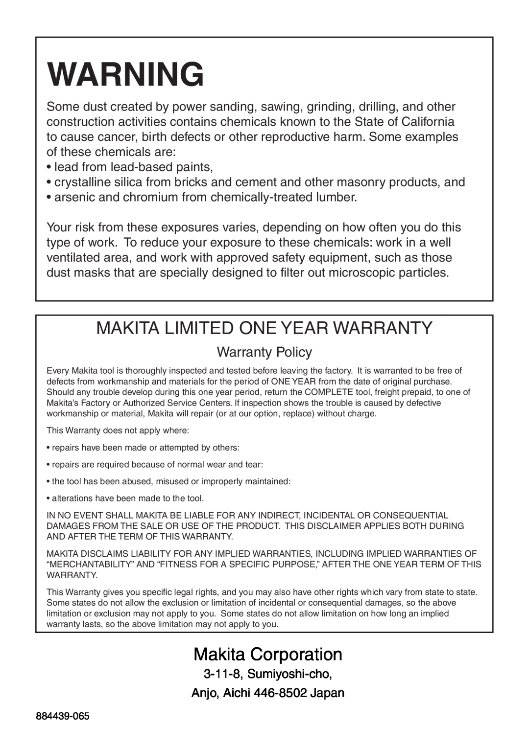 Makita 9566CV instruction manual Makita Limited One Year Warranty, Makita Corporation, Warranty Policy 