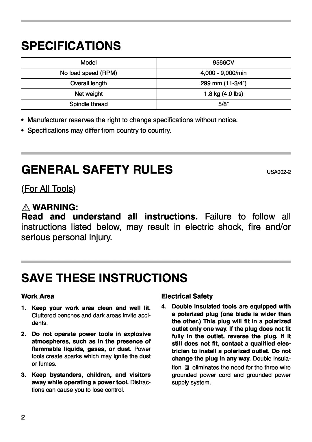 Makita 9566CV Specifications, General Safety Rules, Save These Instructions, For All Tools, Work Area, Electrical Safety 