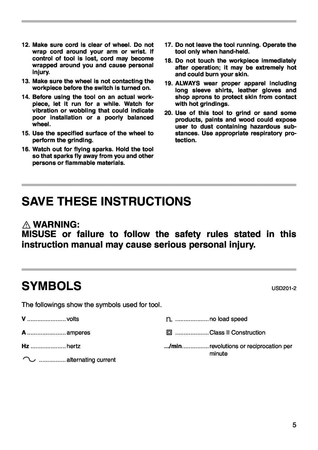 Makita 9566CV instruction manual Symbols, Save These Instructions, The followings show the symbols used for tool 