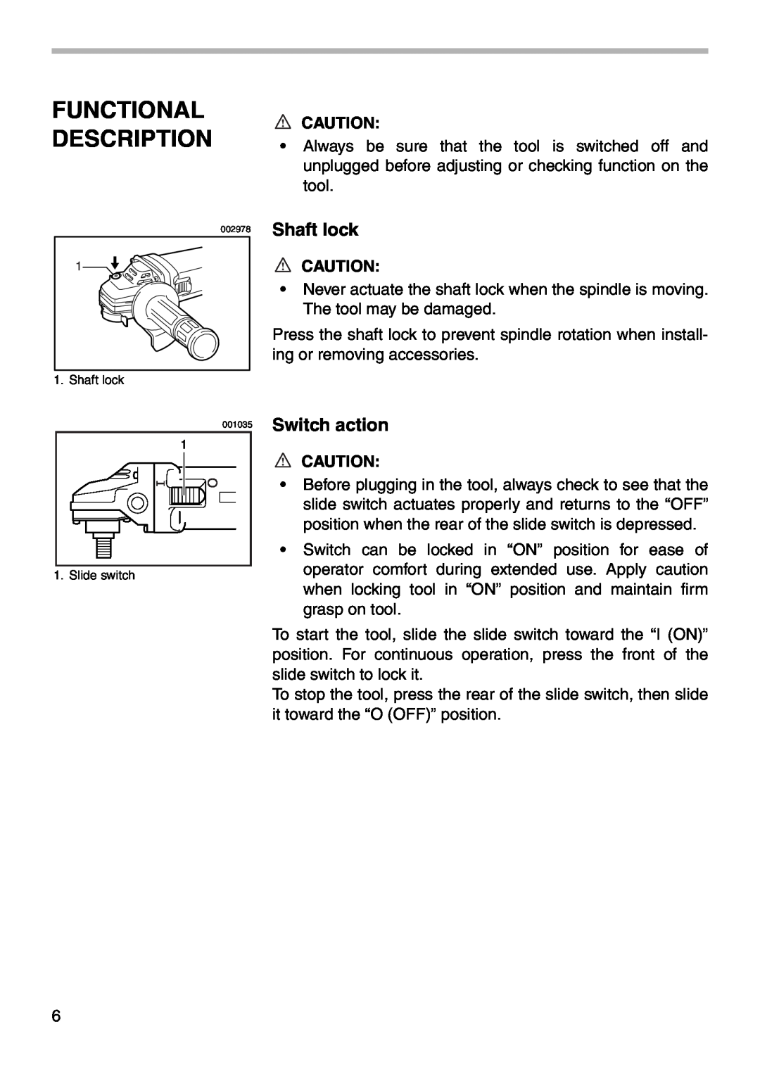 Makita 9566CV instruction manual Functional Description, Shaft lock, Switch action 