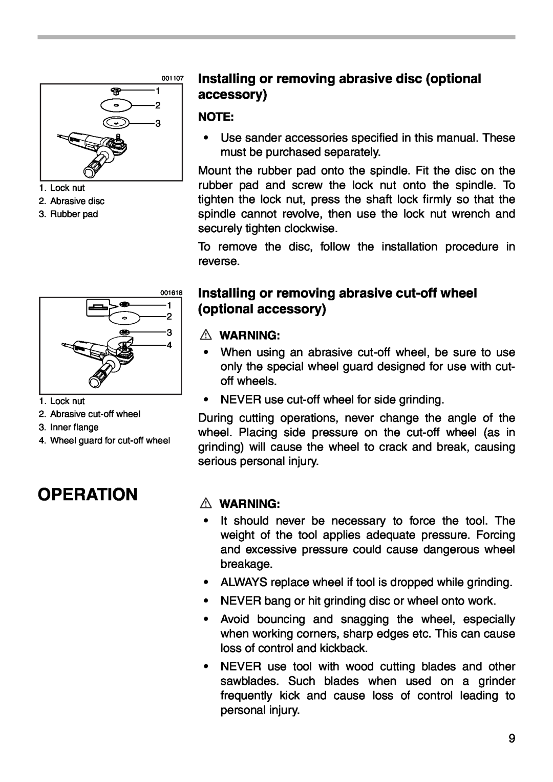 Makita 9566CV instruction manual Operation, Installing or removing abrasive disc optional accessory 