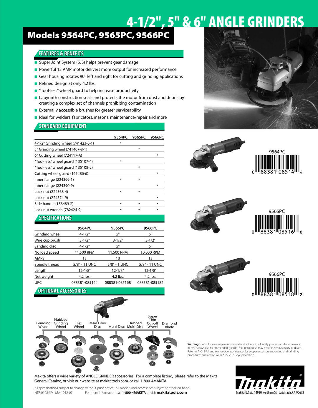 Makita 9565PC, 9566PC, 9564PC manual Features & Benefits, Standard Equipment, Specifications, Optional Accessories 