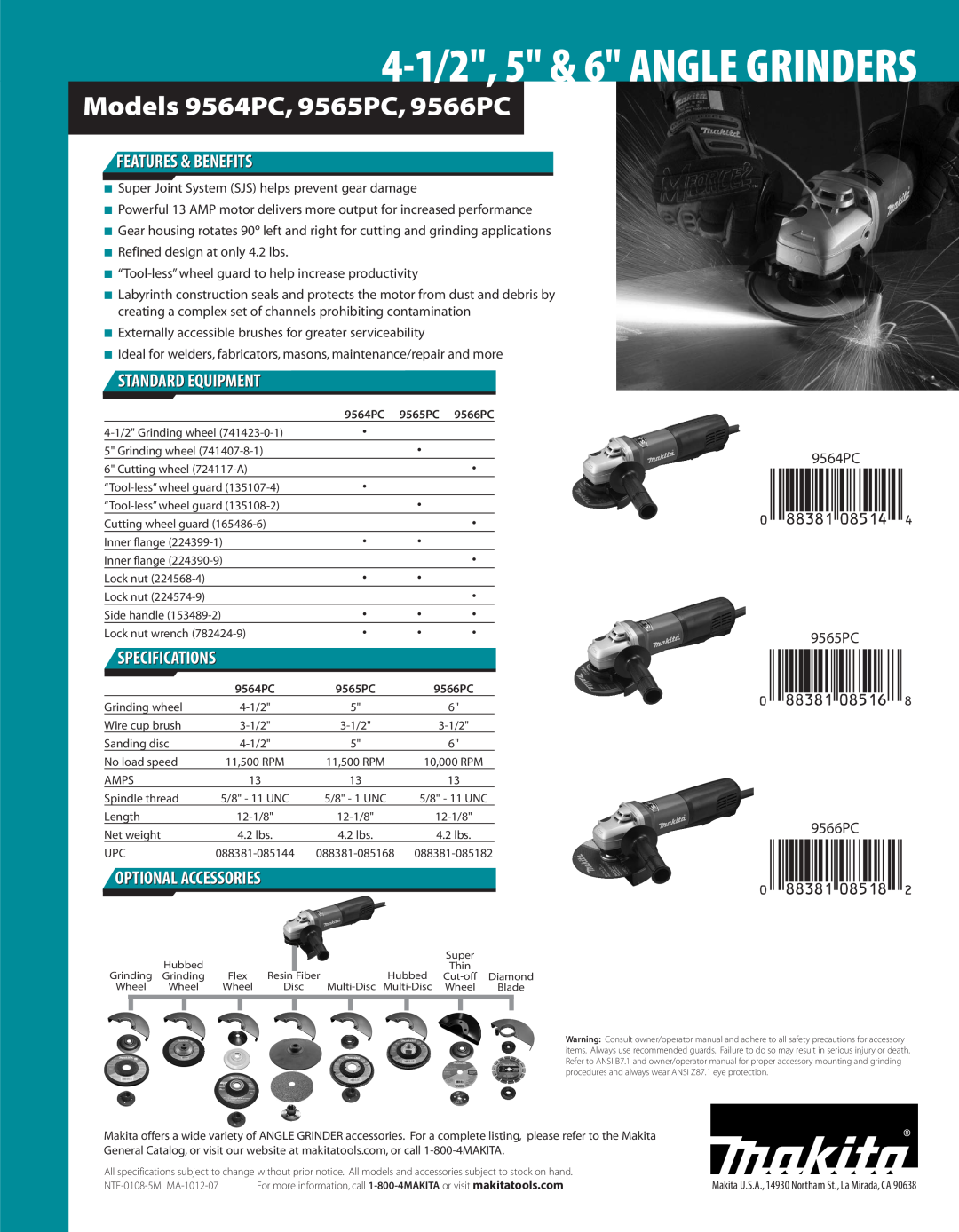 Makita manual Features & Benefits, Standard Equipment, Specifications, Optional Accessories, 9564PC 9565PC 9566PC 