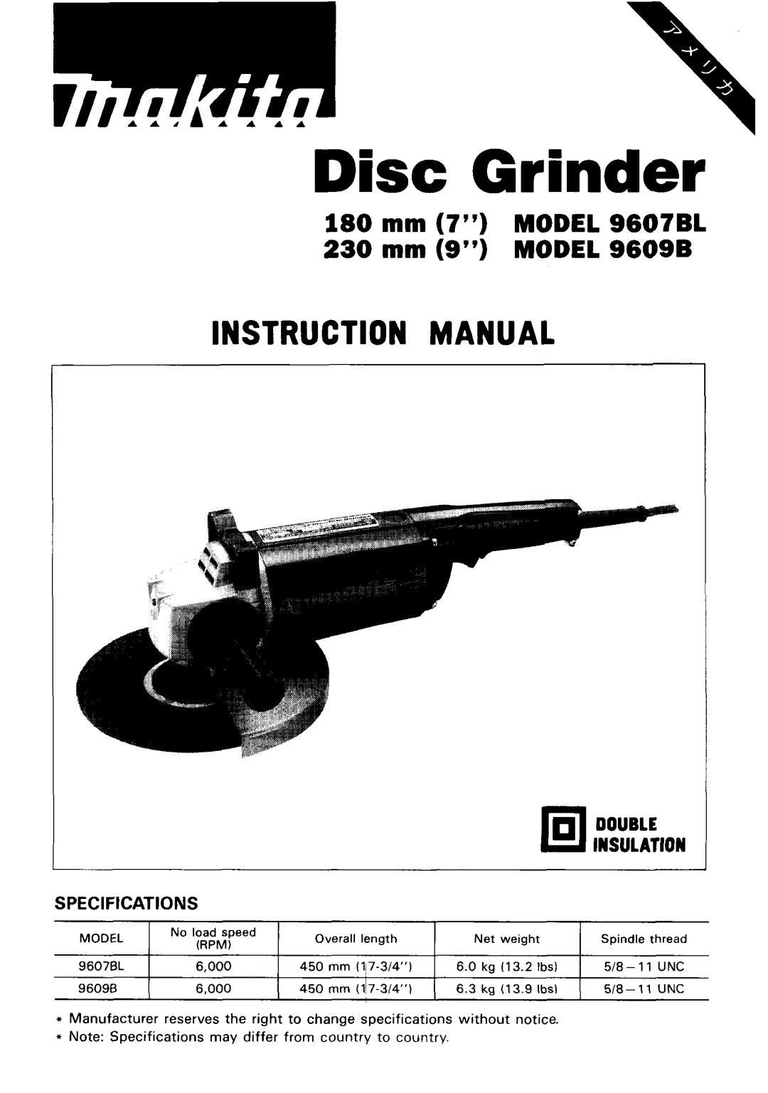 Makita 9609B, 9607BL instruction manual Disc Grinder 