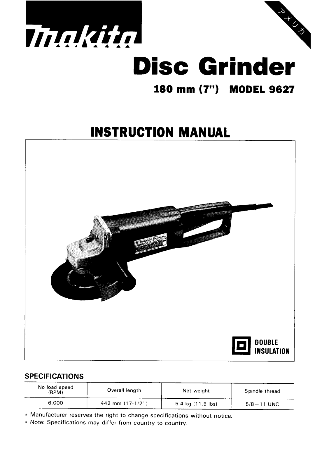 Makita 9627 instruction manual Disc Grinder 