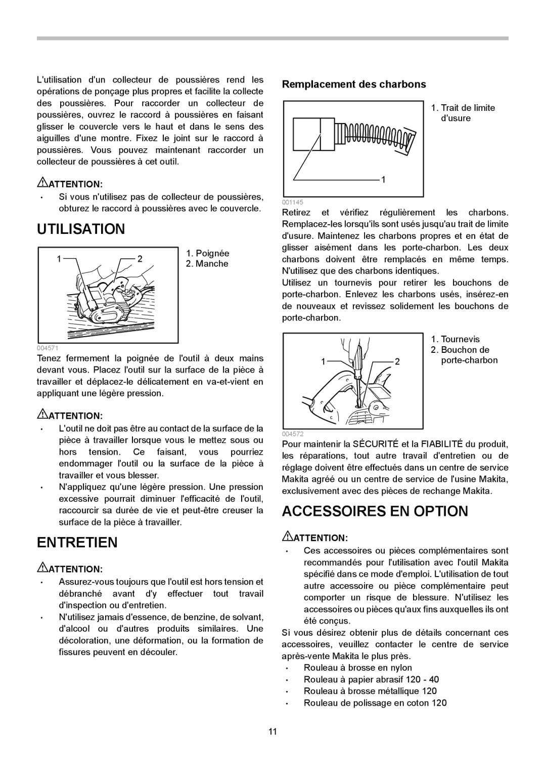 Makita 9741 instruction manual Utilisation, Entretien, Accessoires EN Option, Remplacement des charbons 