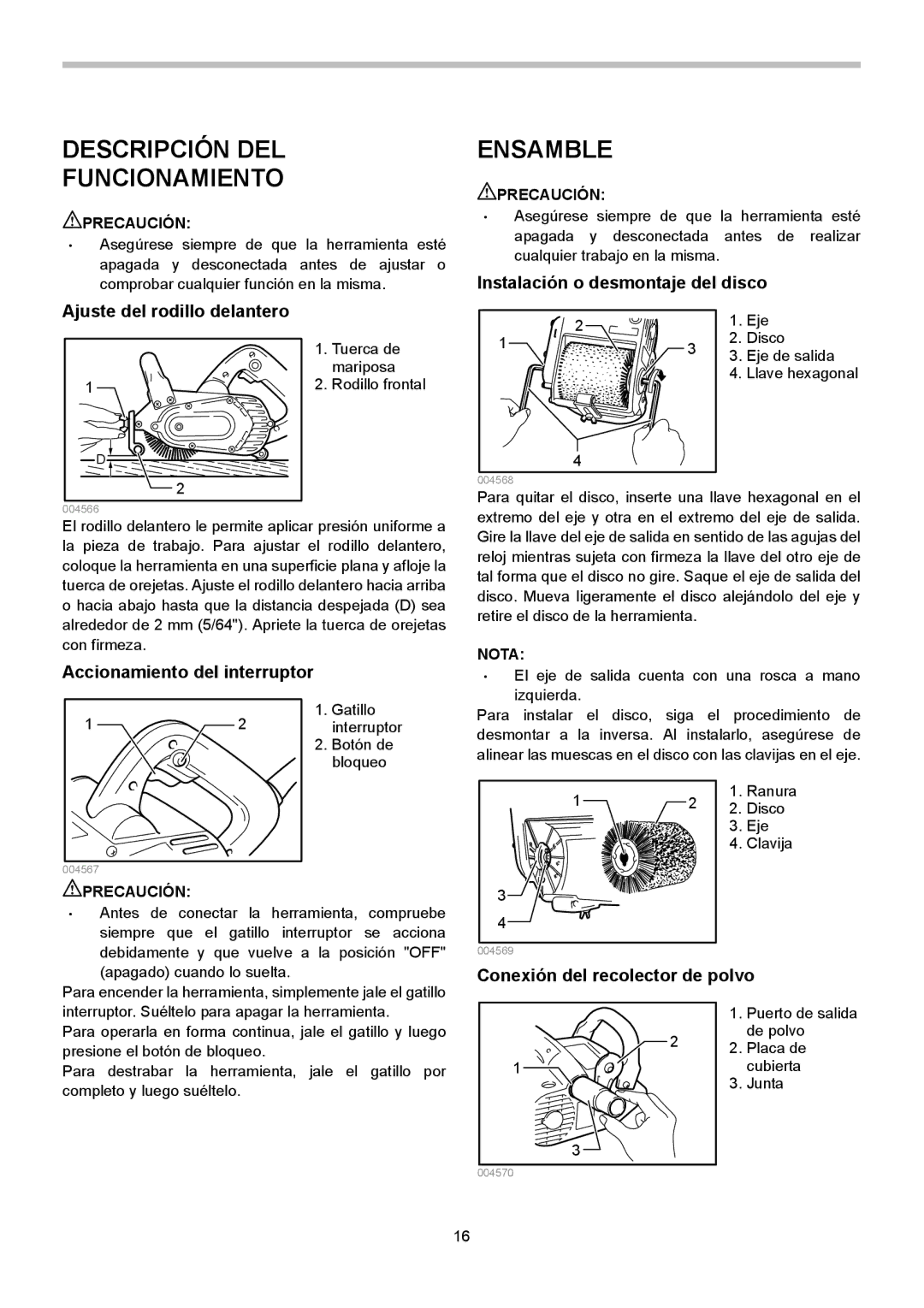 Makita 9741 Descripción DEL Funcionamiento, Ensamble, Accionamiento del interruptor, Conexión del recolector de polvo 