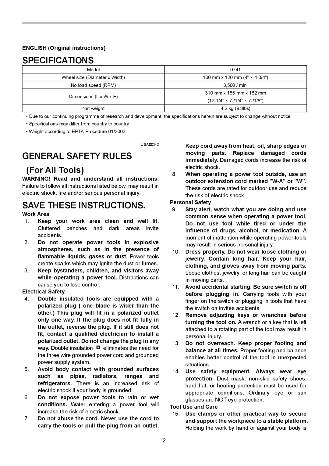 Makita 9741 Specifications, General Safety Rules For All Tools, English Original instructions, Tool Use and Care 