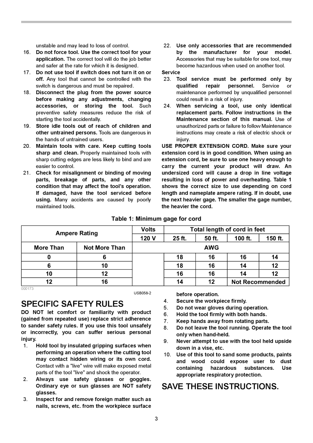 Makita 9741 instruction manual Specific Safety Rules, Minimum gage for cord Ampere Rating Volts, Awg 