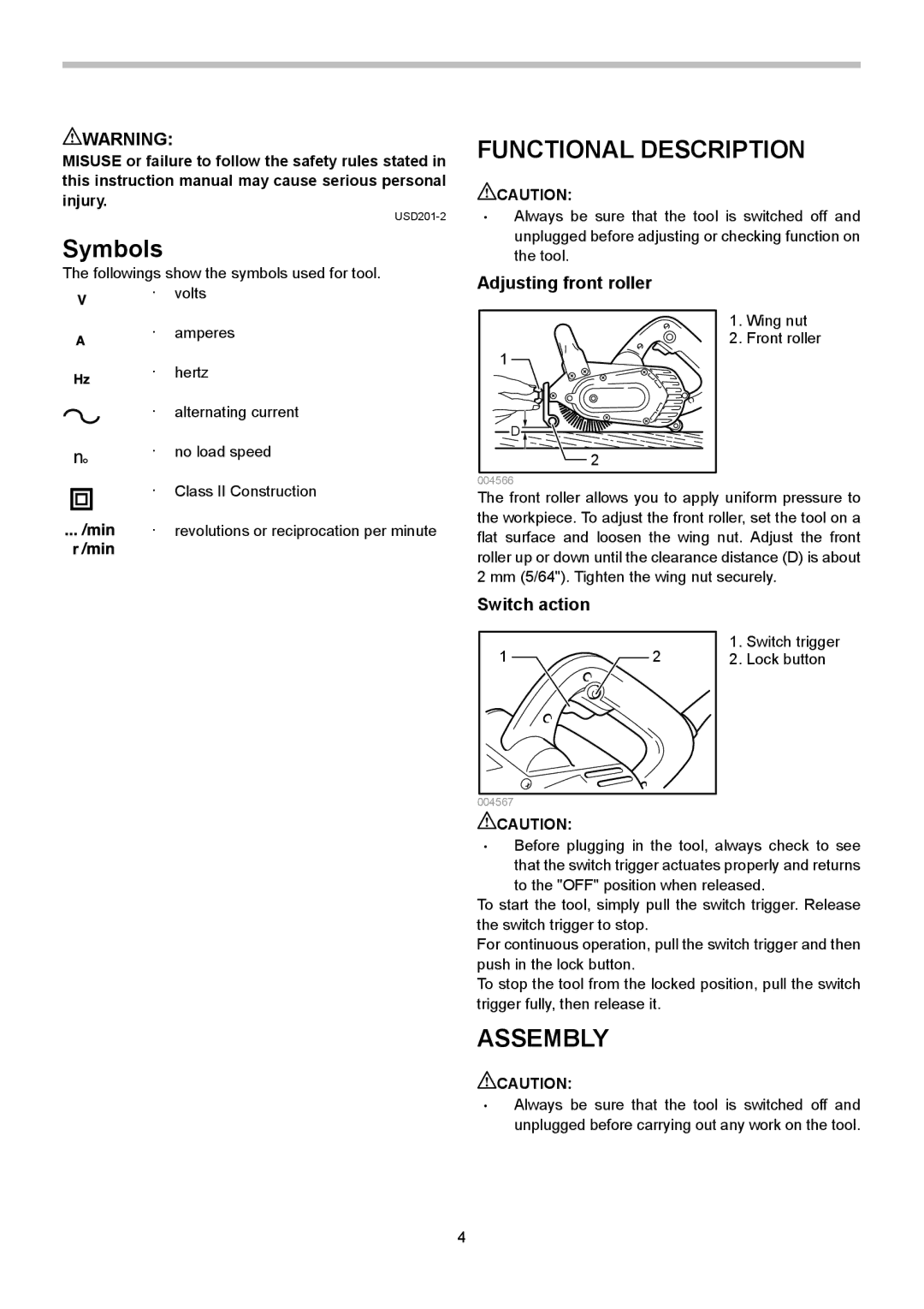 Makita 9741 instruction manual Symbols, Functional Description, Assembly, Adjusting front roller, Switch action 