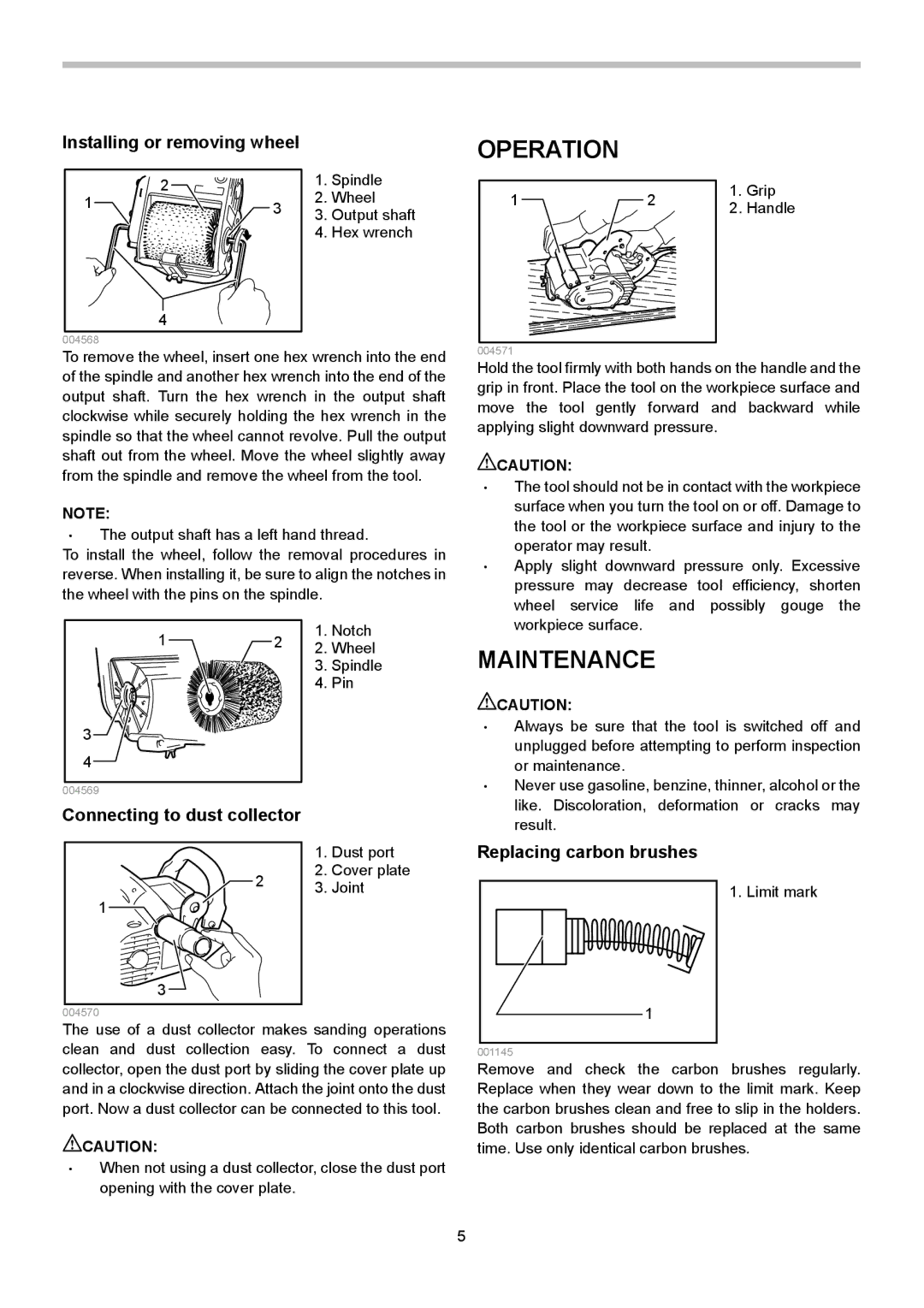 Makita 9741 instruction manual Operation, Maintenance, Connecting to dust collector, Replacing carbon brushes 