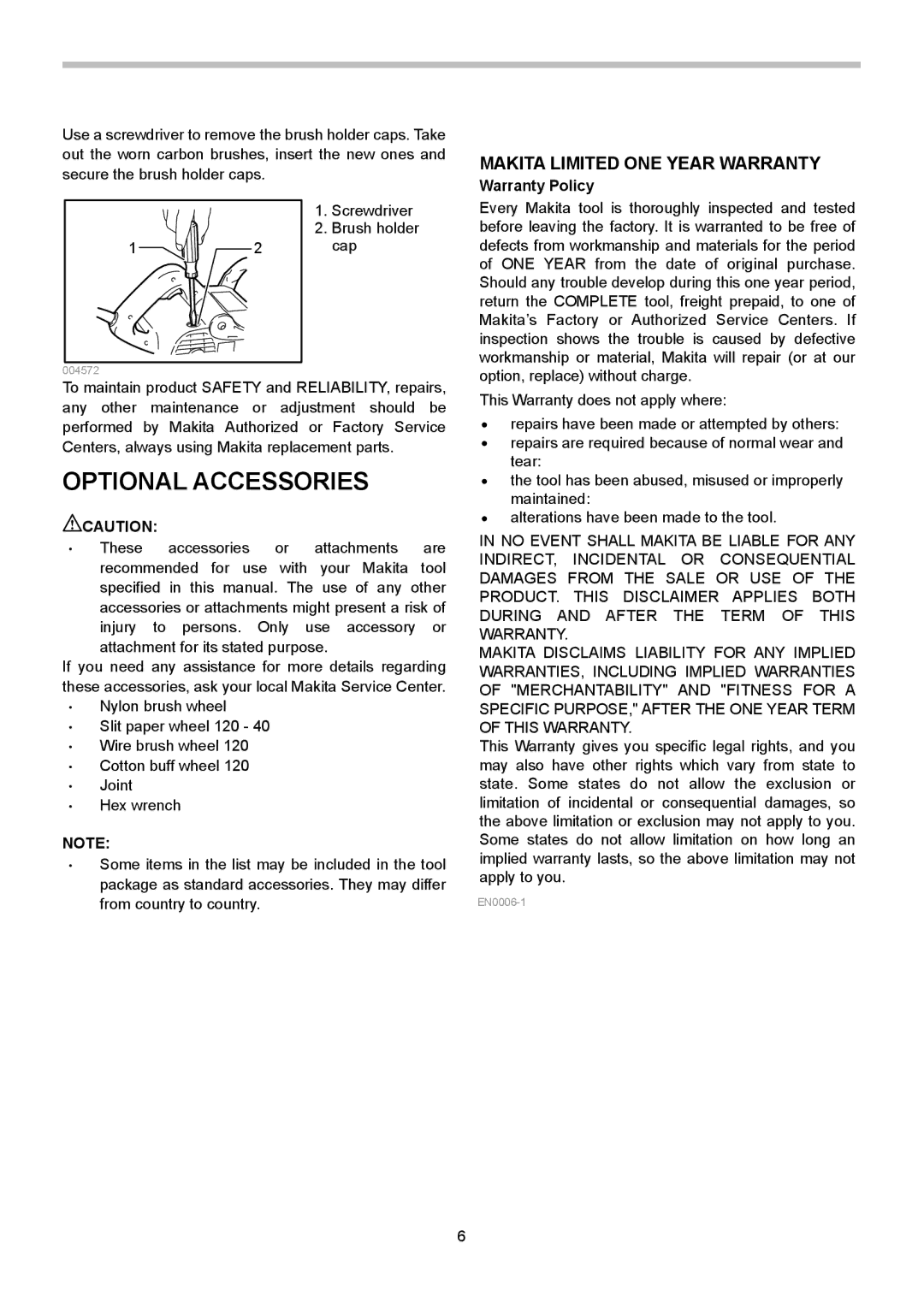 Makita 9741 instruction manual Optional Accessories, Makita Limited ONE Year Warranty, Warranty Policy 