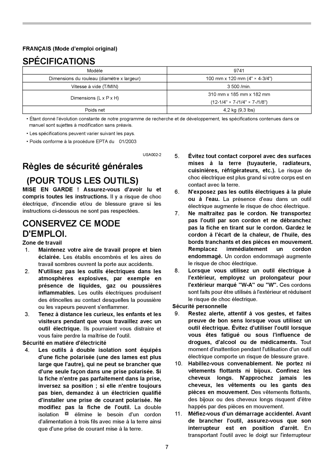 Makita 9741 Spécifications, Règles de sécurité générales, Pour Tous LES Outils, Conservez CE Mode Demploi 