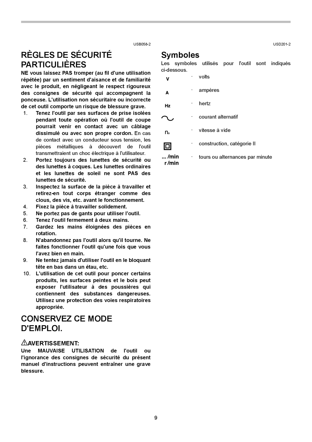 Makita 9741 instruction manual Règles DE Sécurité Particulières, Symboles, Avertissement 