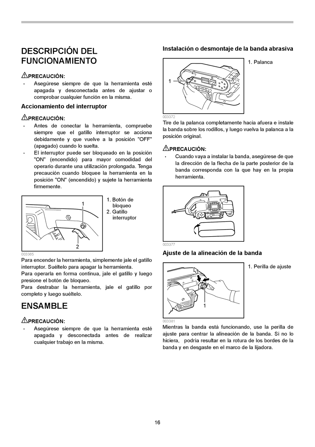 Makita 9901 Descripción DEL Funcionamiento, Ensamble, Accionamiento del interruptor, Ajuste de la alineación de la banda 