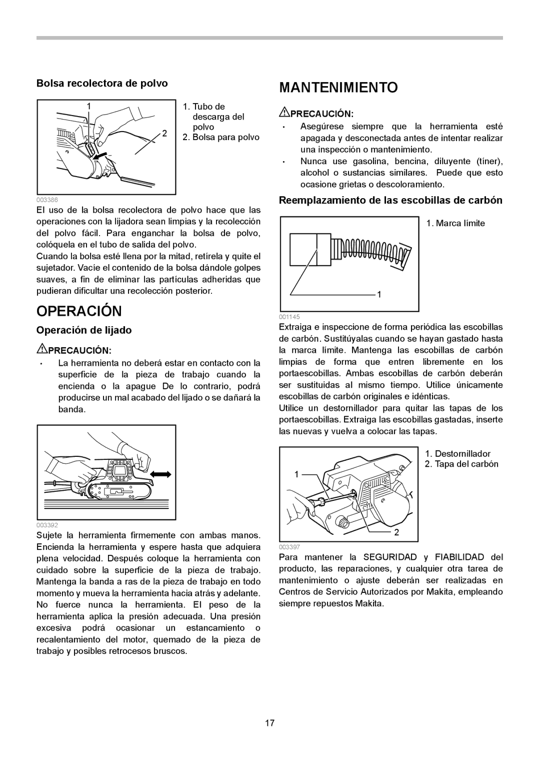 Makita 9401, 9924DB, 9901 instruction manual Mantenimiento, Bolsa recolectora de polvo, Operación de lijado 