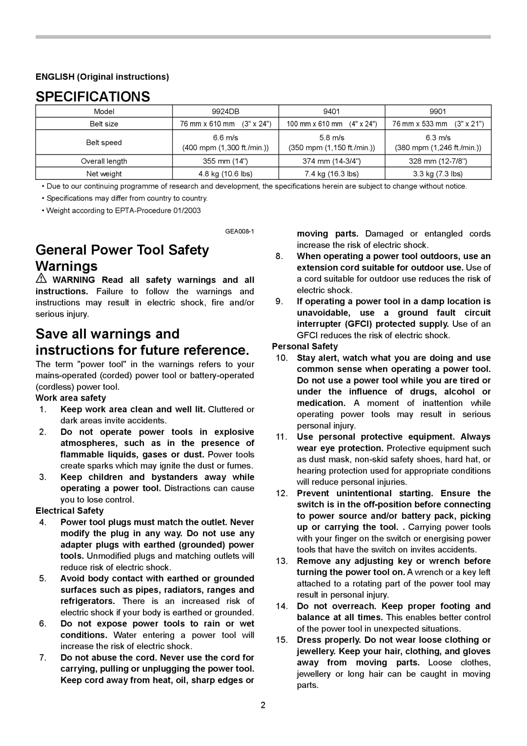 Makita 9401, 9924DB, 9901 Specifications, General Power Tool Safety Warnings, English Original instructions 