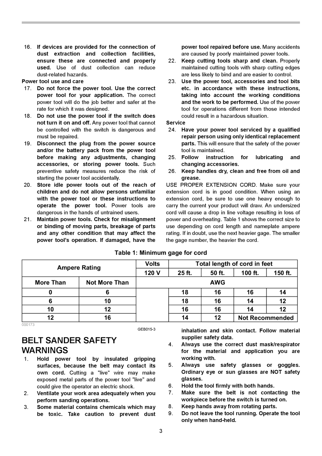 Makita 9924DB, 9901, 9401 instruction manual Belt Sander Safety, Minimum gage for cord Ampere Rating Volts, Awg 