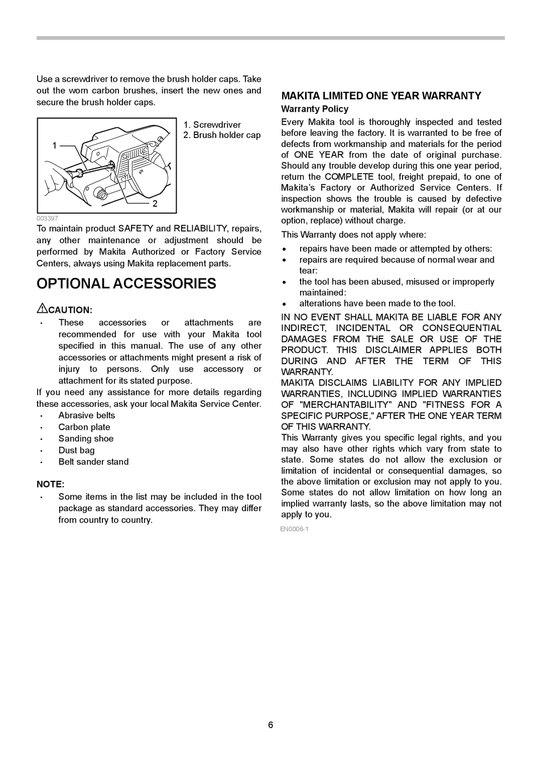 Makita 9924DB, 9901, 9401 instruction manual Optional Accessories, Makita Limited ONE Year Warranty, Warranty Policy 