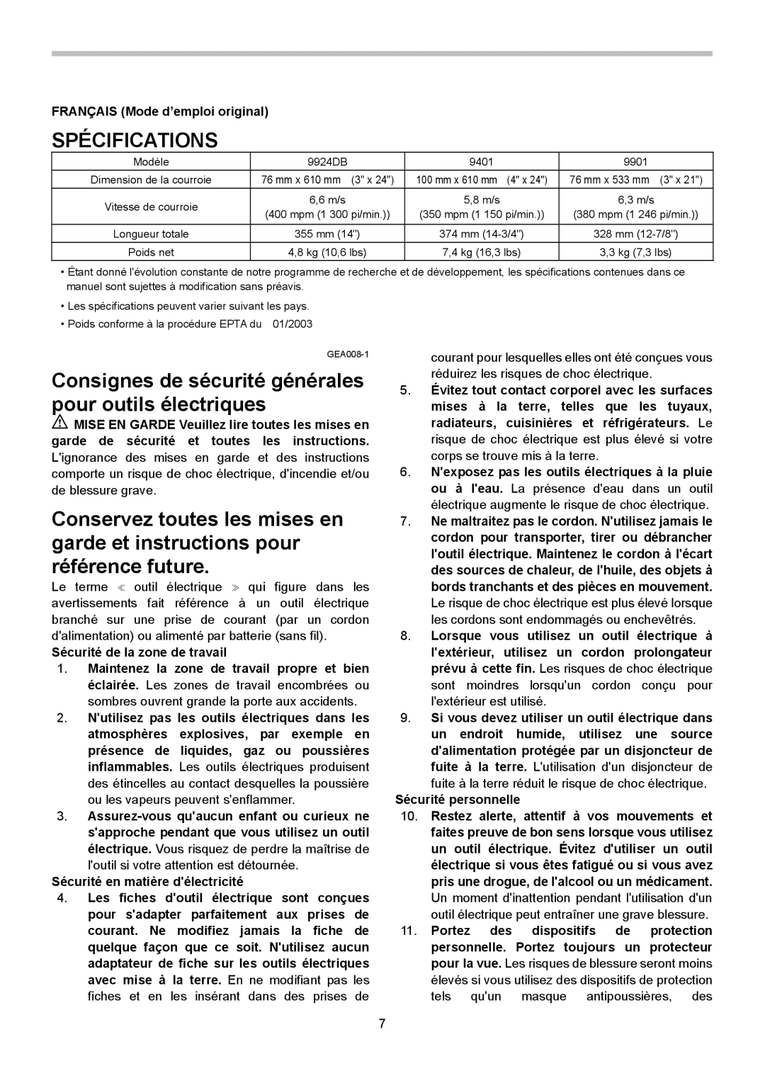 Makita 9901, 9924DB, 9401 instruction manual Spécifications, Français Mode d’emploi original, Sécurité personnelle 