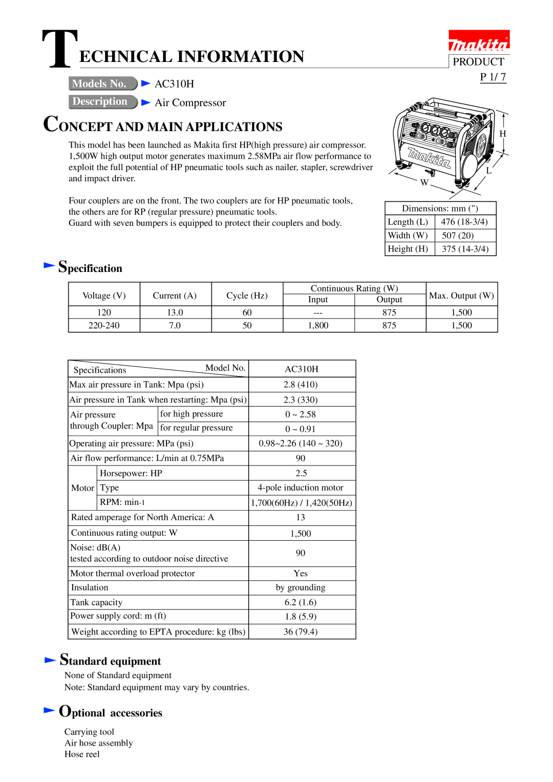 Makita AC310H dimensions Specification, Standard equipment, Optional accessories 