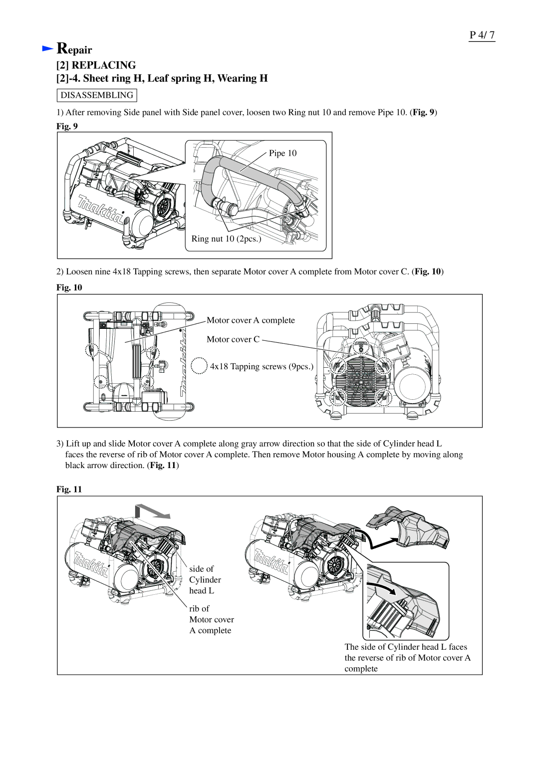 Makita AC310H dimensions Sheet ring H, Leaf spring H, Wearing H, Disassembling 