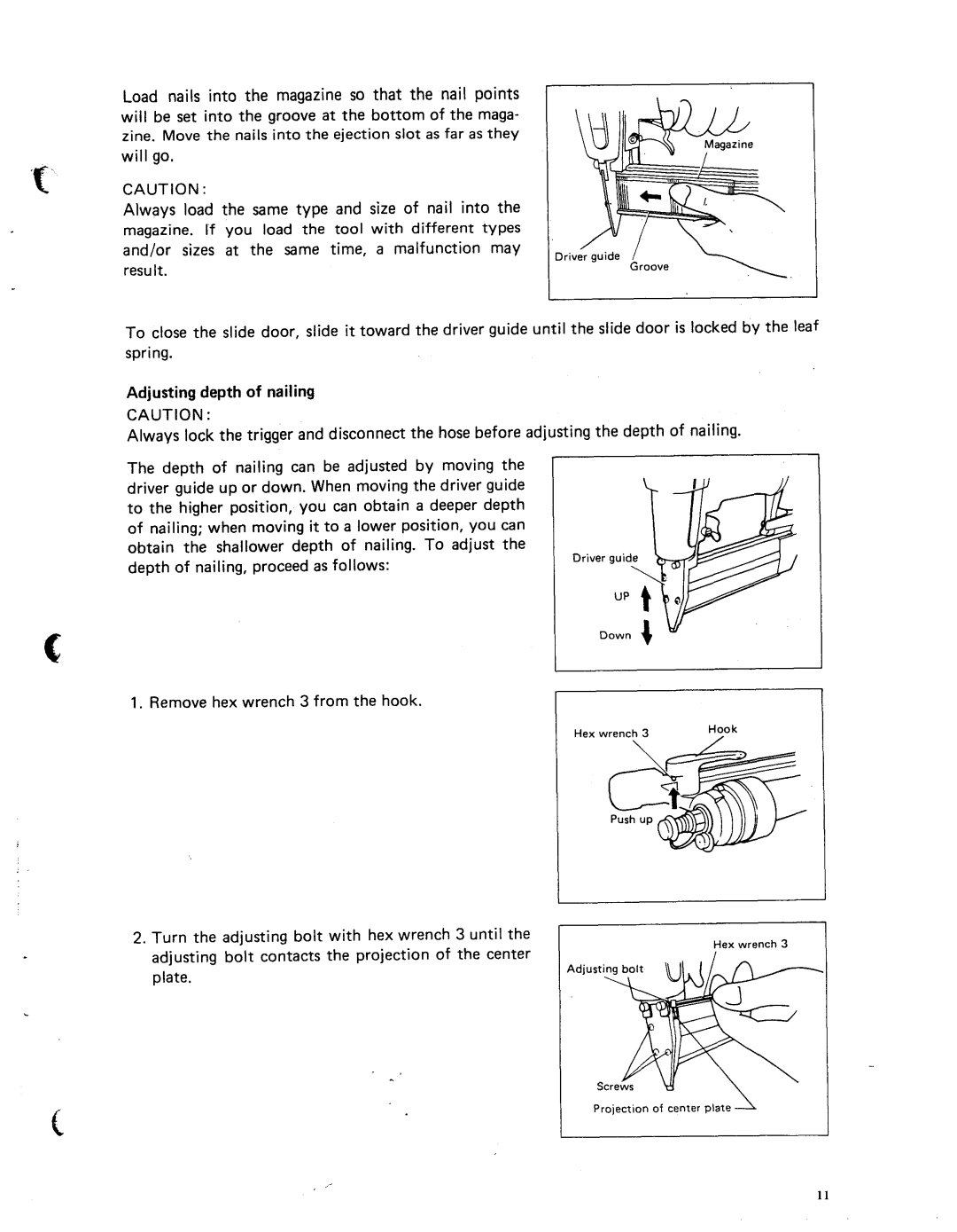 Makita AF501 specifications Adjusting depth of nailing 