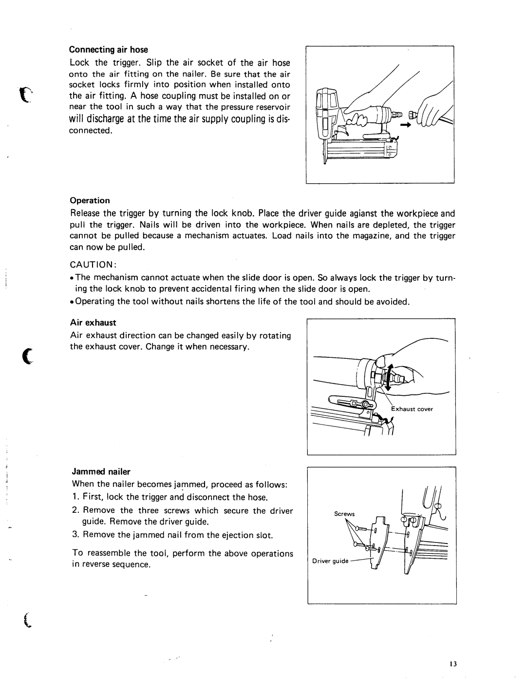 Makita AF501 specifications Connecting air hose, Operation, Air exhaust, Jammed nailer 