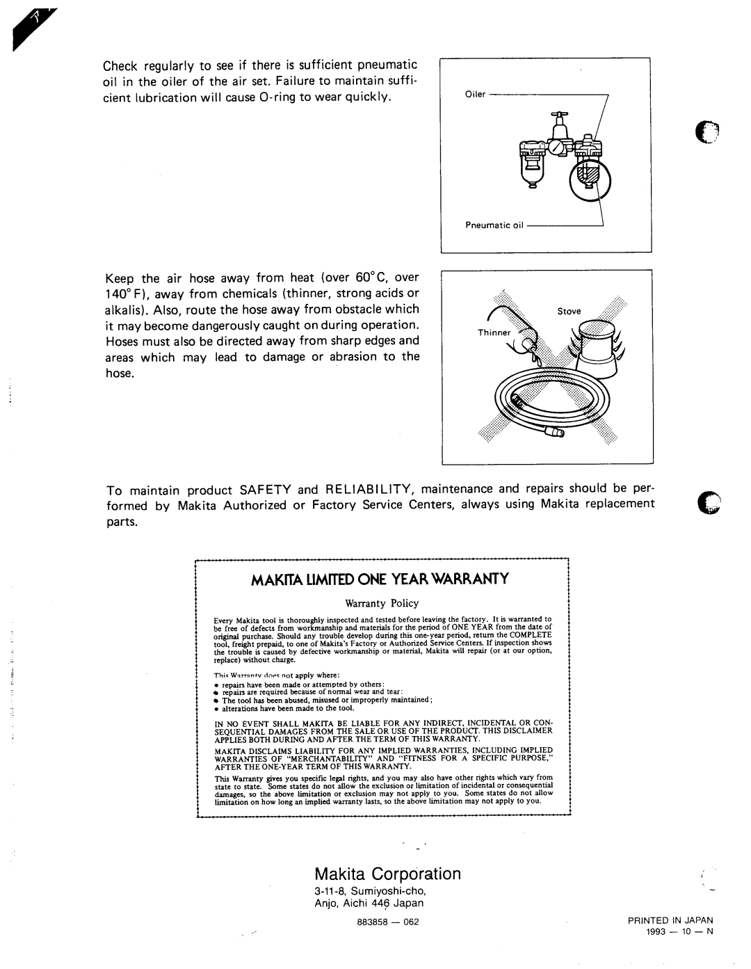 Makita AF501 specifications Makita Corporation 