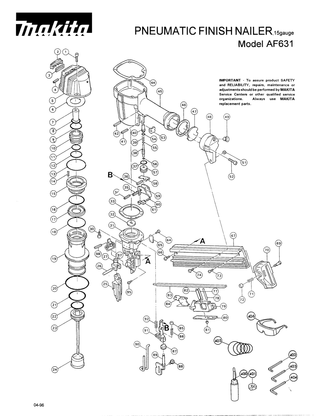 Makita manual Model AF631, 04-96 