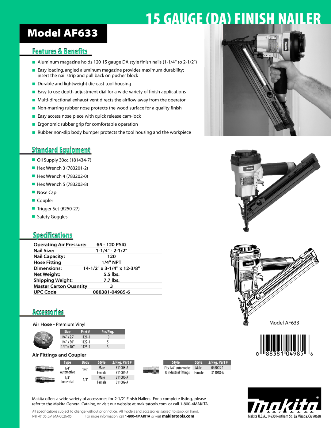 Makita AF633 manual Features & Benefits, Standard Equipment, Specifications, Accessories 