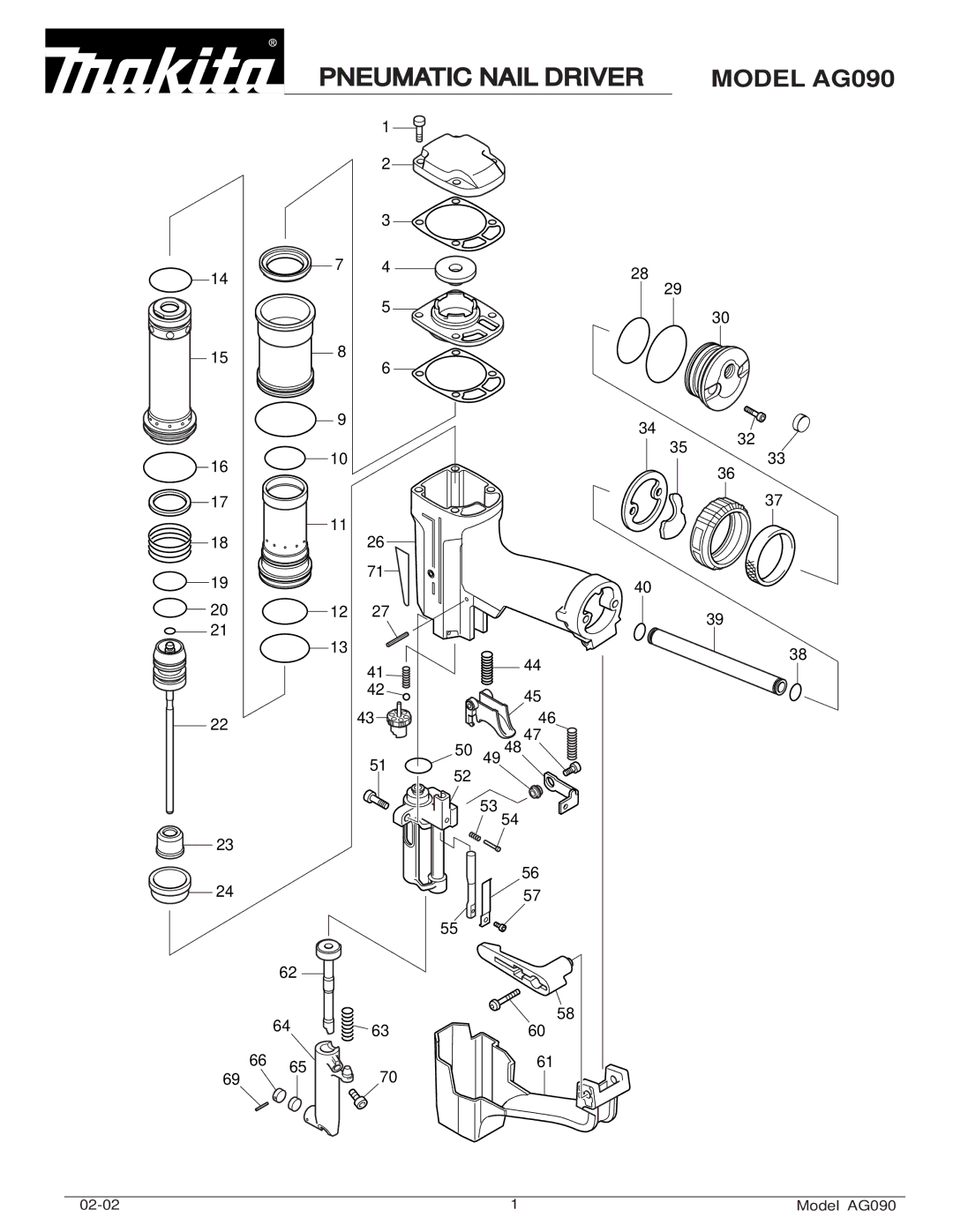 Makita manual Pneumatic Nail Driver Model AG090, 50 49 48 