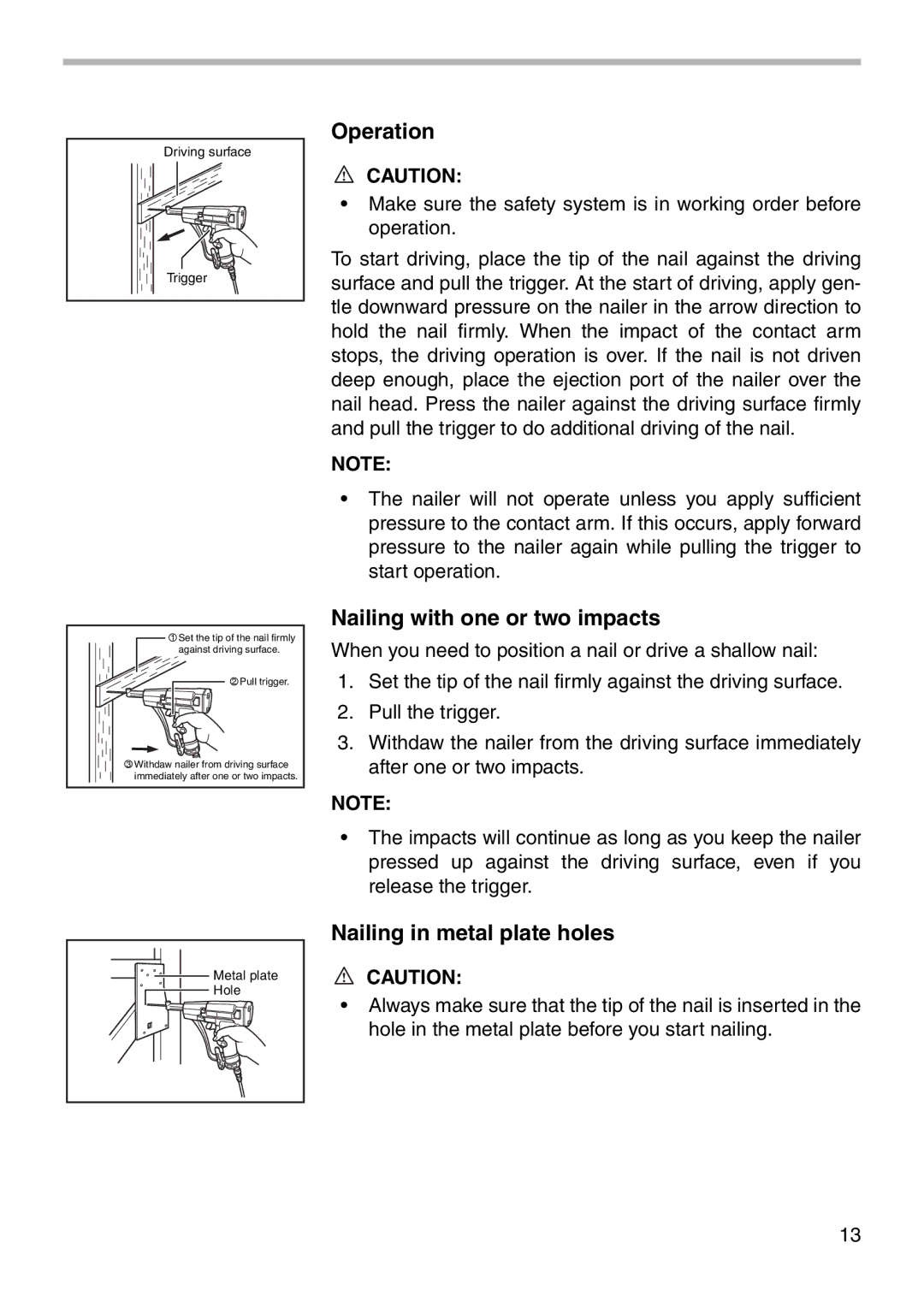 Makita AG090, AG125 instruction manual Operation, Nailing with one or two impacts, Nailing in metal plate holes 