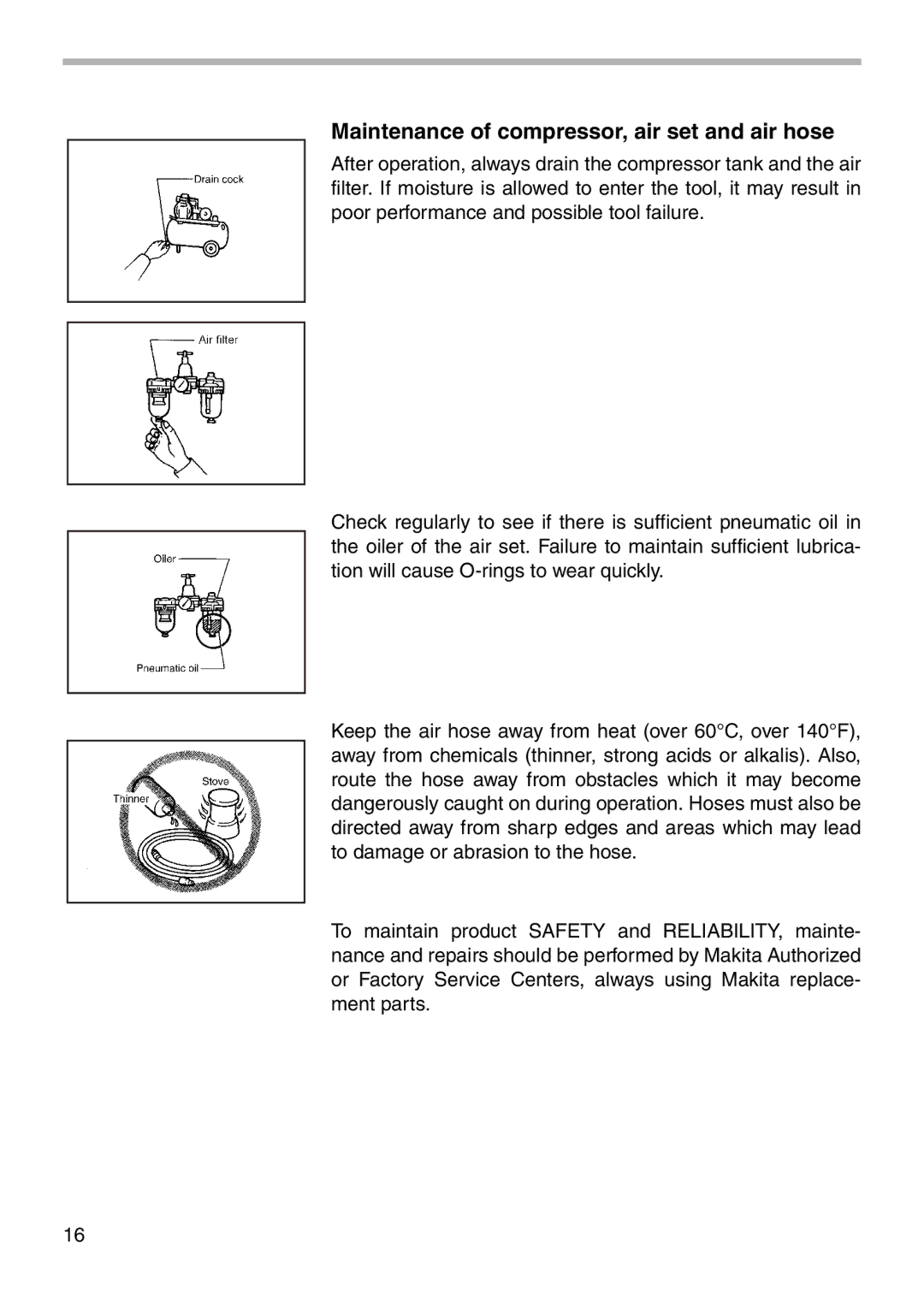 Makita AG090, AG125 instruction manual Maintenance of compressor, air set and air hose 