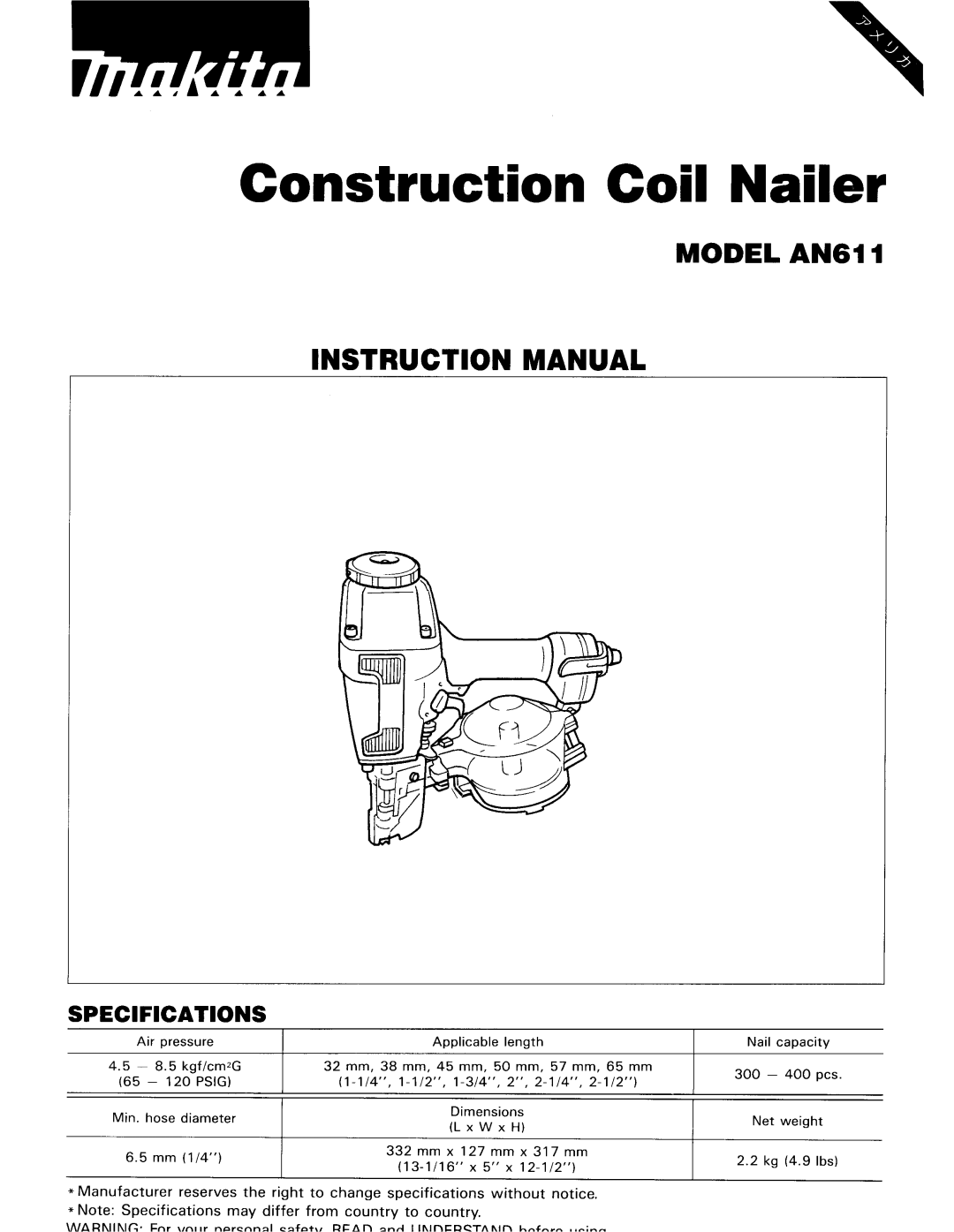 Makita AN611 instruction manual Construction Coil Nailer 