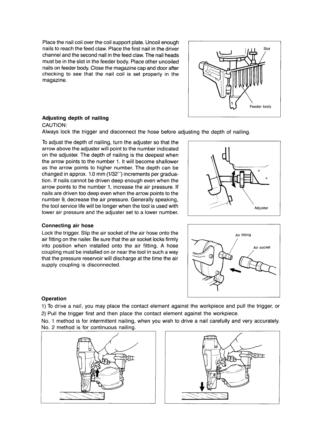 Makita AN611 instruction manual Adjusting depth of nailing, Connecting air hose, Operation 