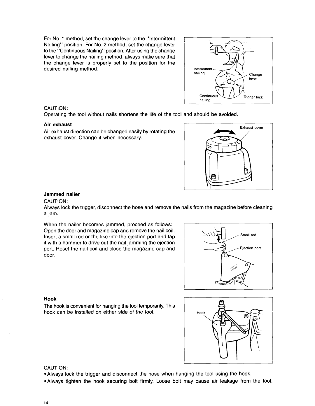 Makita AN611 instruction manual Air exhaust, Jammed nailer, Hook 