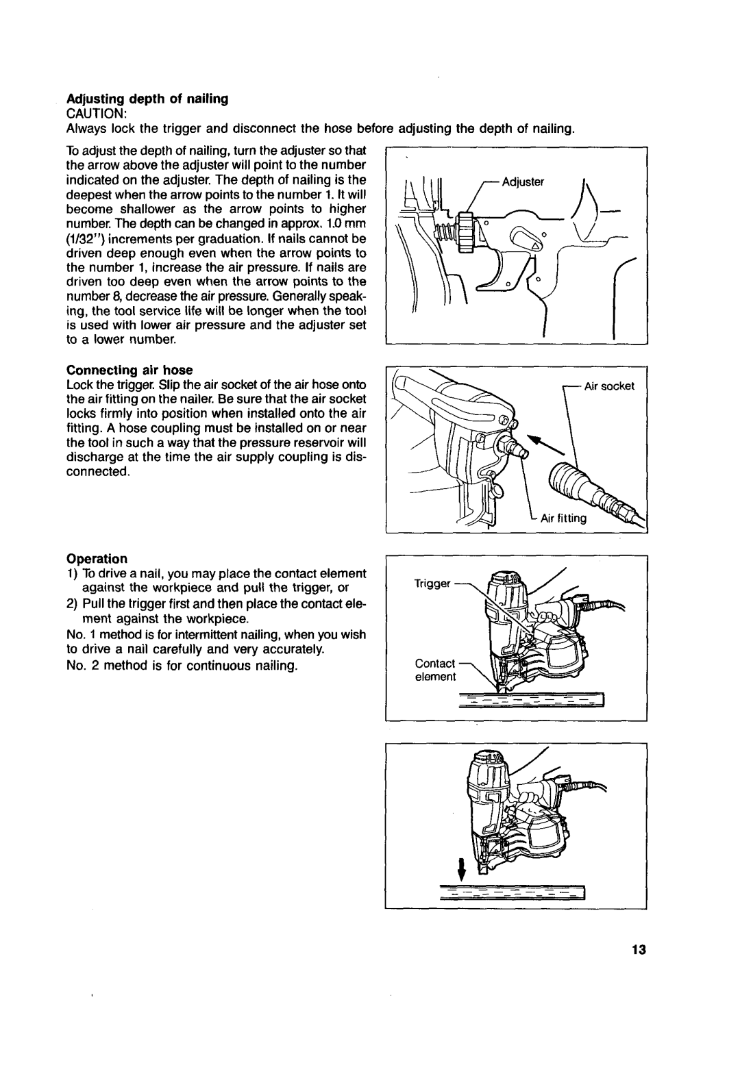 Makita AN621 instruction manual Adjusting depth of nailing, Connecting air hose, Operation 