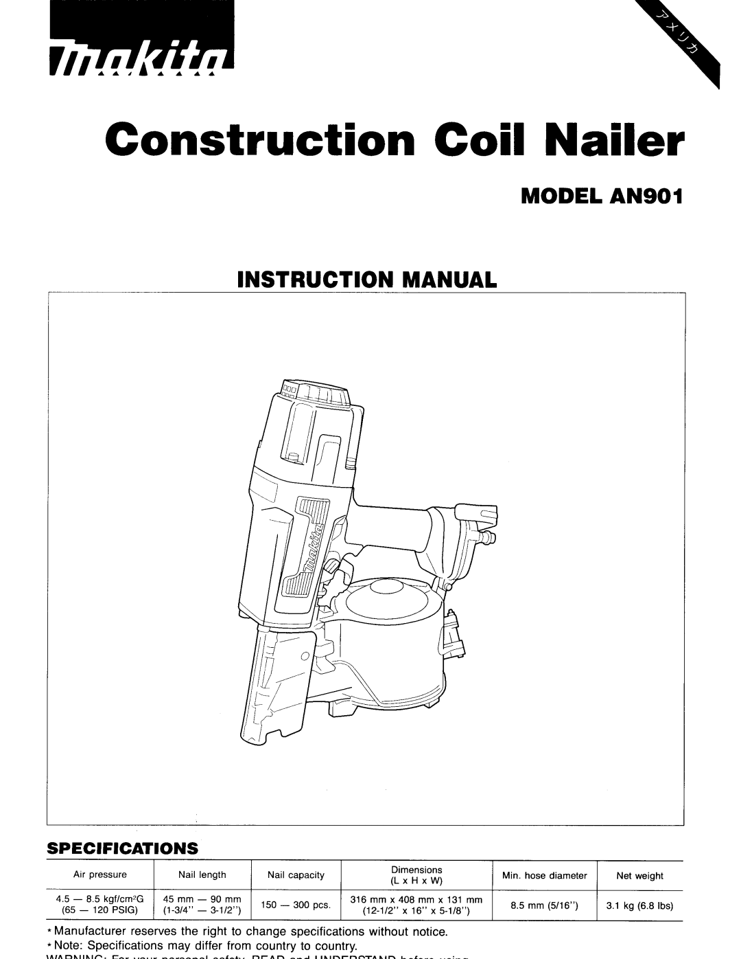 Makita AN901 instruction manual Construction Coil Nailer 