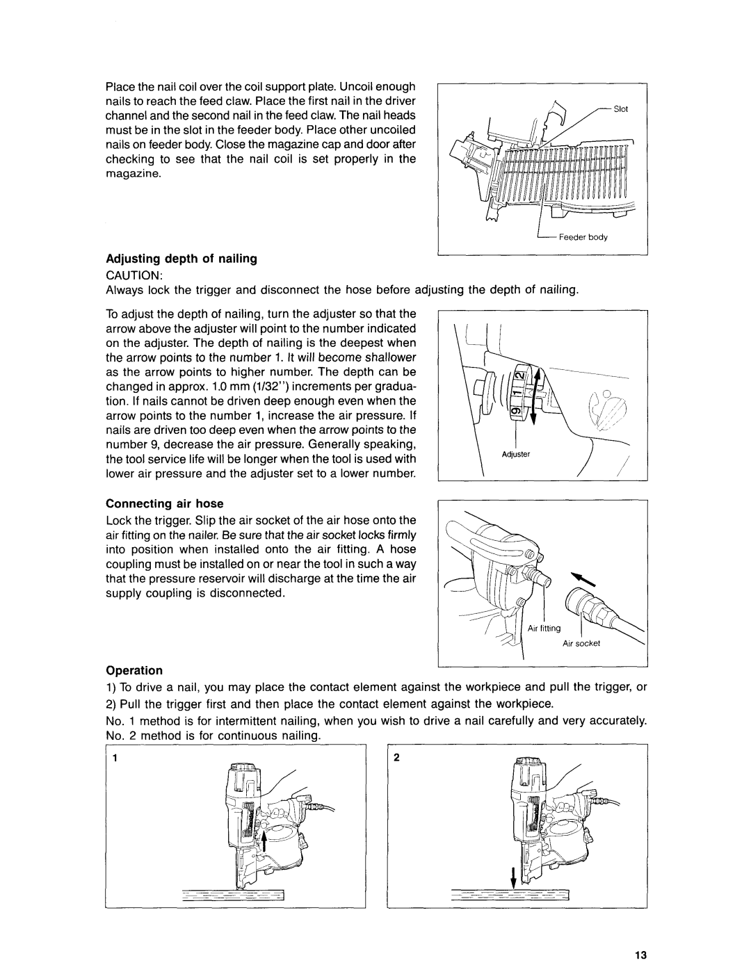 Makita AN901 instruction manual Adjusting depth of nailing, Connecting air hose, Operation 