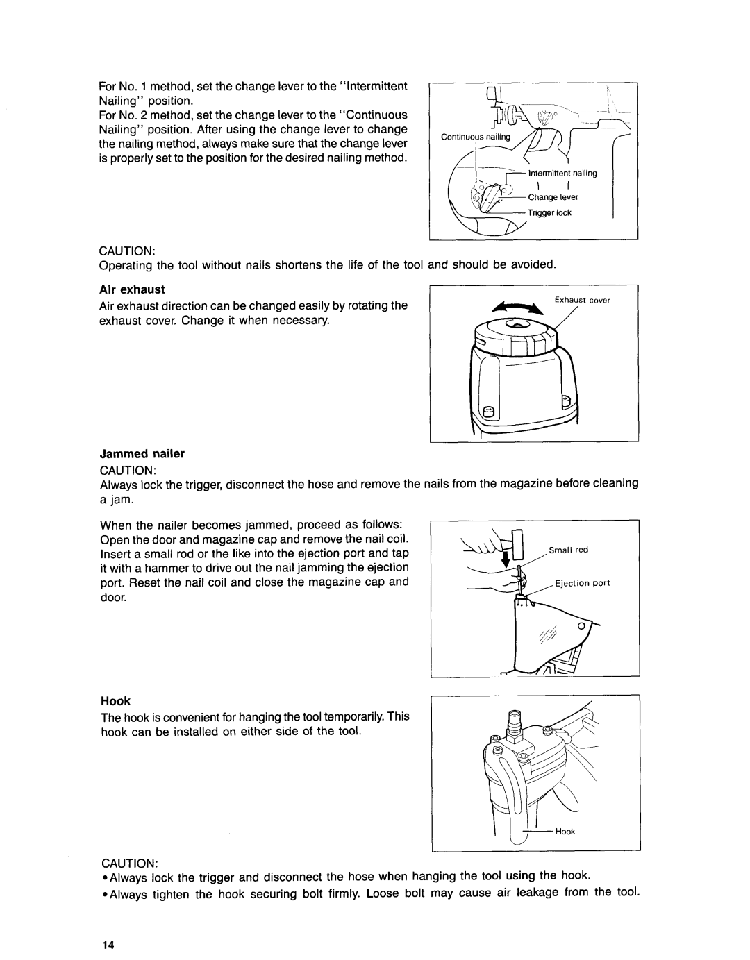 Makita AN901 instruction manual Air exhaust, Jammed nailer, Hook 